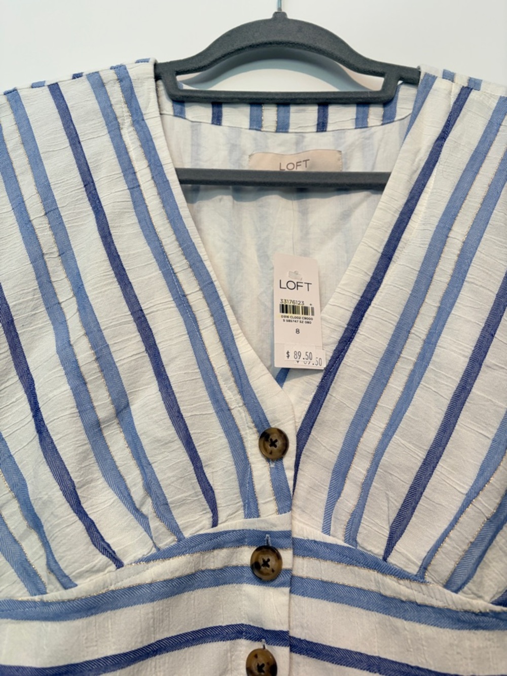 LOFT White and Blue Striped V-Neck Button-Front Midi Dress - Picture 2 of 8